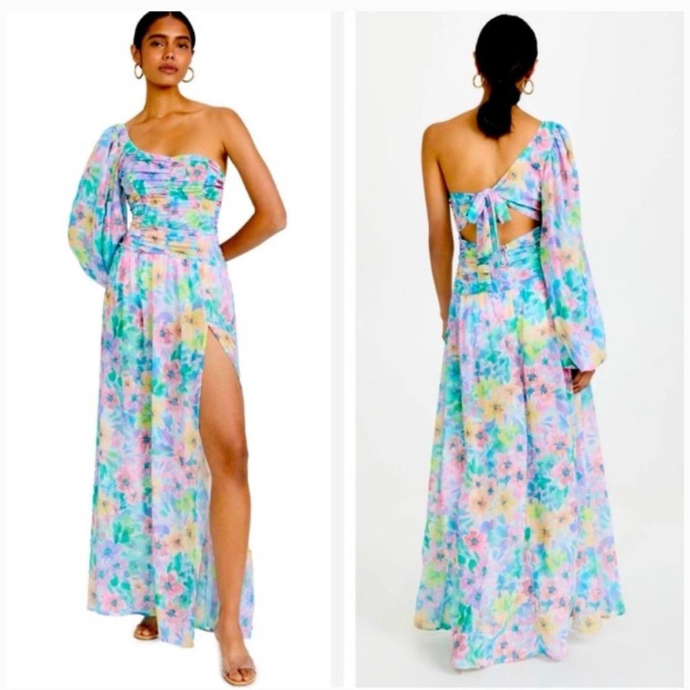 For Love & Lemons Multi Floral Maxi One-Sleeve Dress.